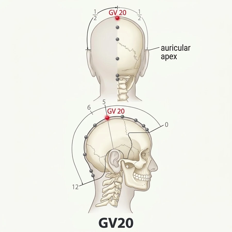Location of Baihui (DU-20): 7 cun measured from the landmark shown in the diagram and the location text.