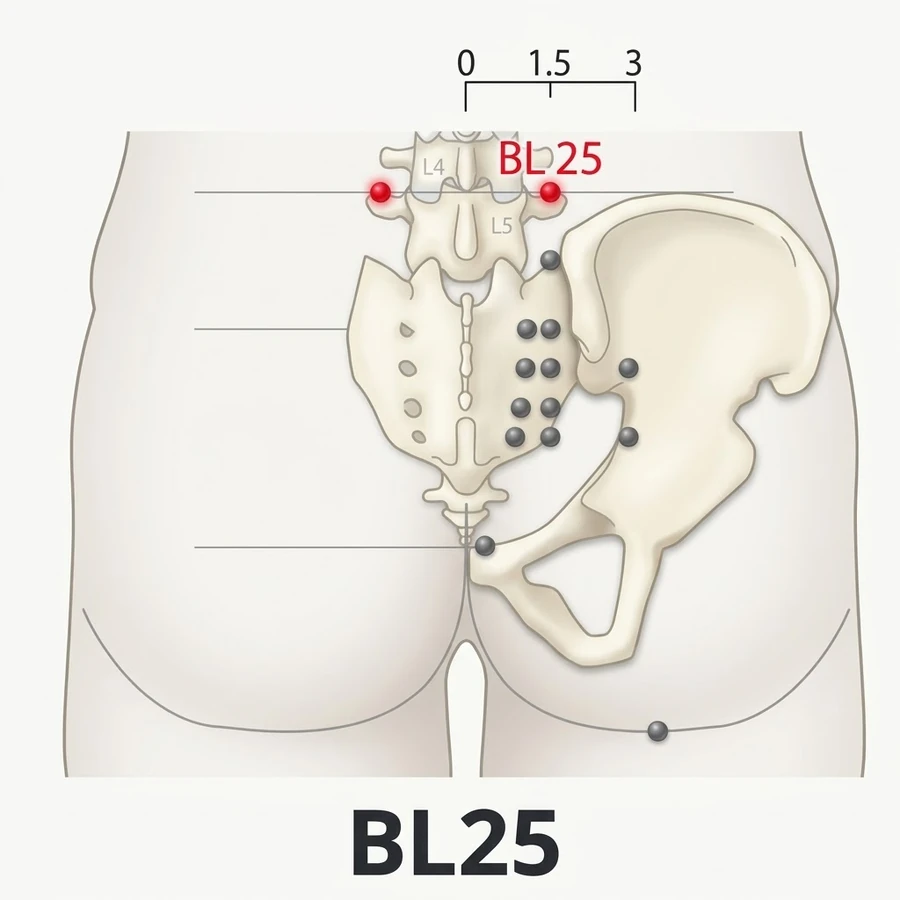 Location of Dachangshu (BL-25): One and a half cun measured from the landmark shown in the diagram and the location text.