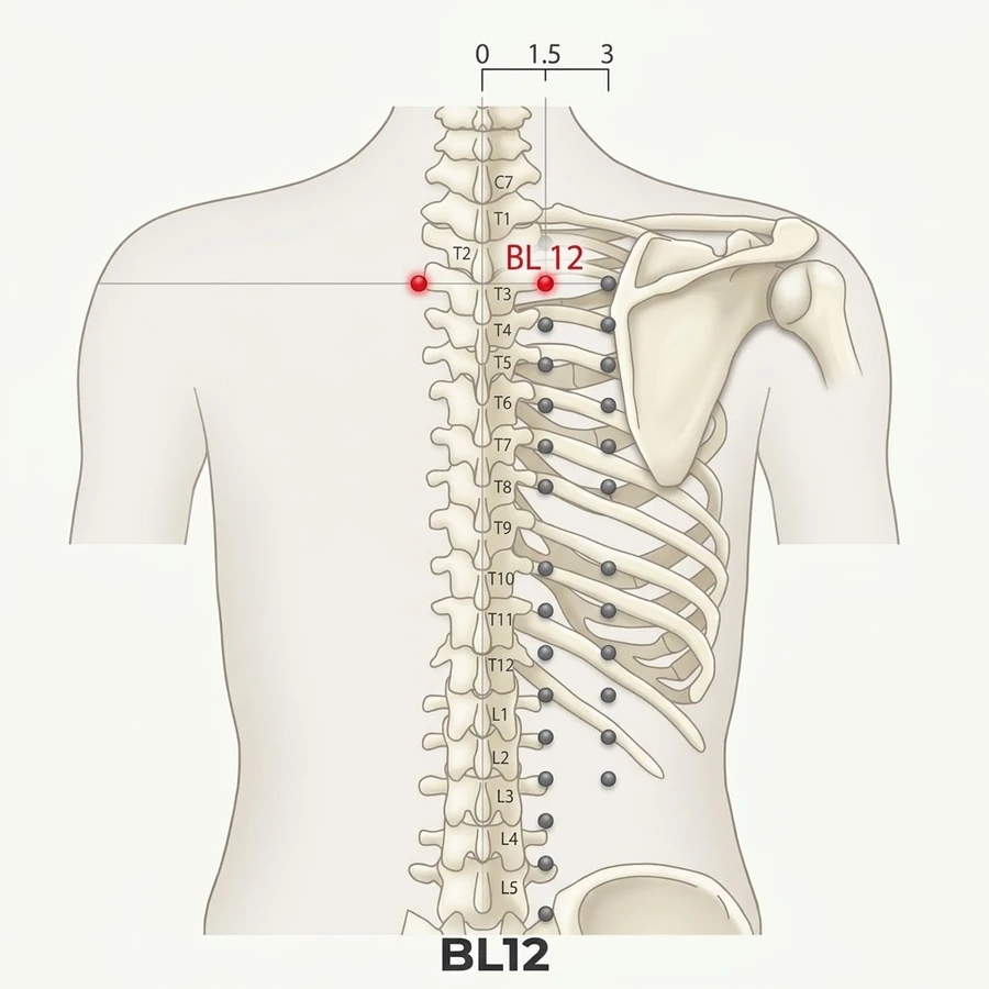 Location of Fengmen (BL-12): One and a half cun measured from the landmark shown in the diagram and the location text.