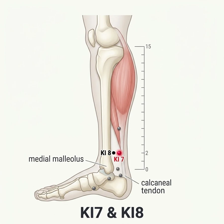 Location of Fuliu (KI-7): Two cun measured from the landmark shown in the diagram and the location text.