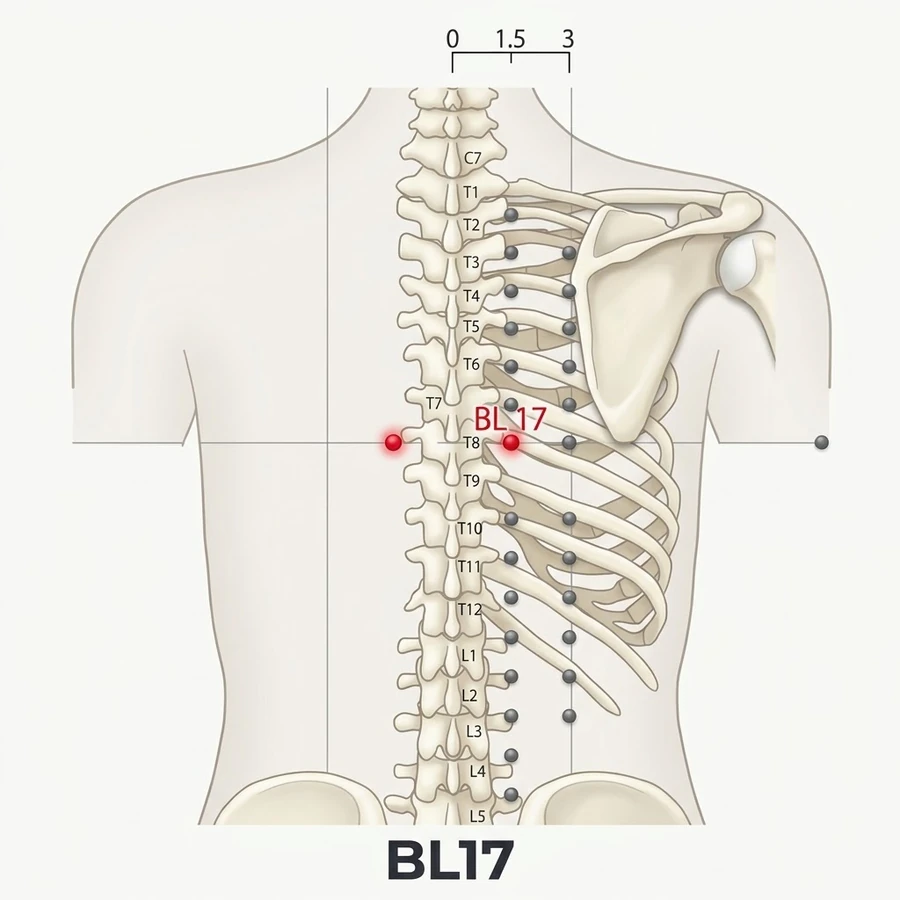 Location of Geshu (BL-17): One and a half cun measured from the landmark shown in the diagram and the location text.