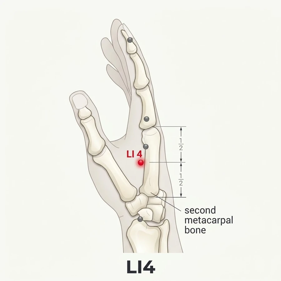 Location of Hegu (LI-4): Between the first and second metacarpal bones.