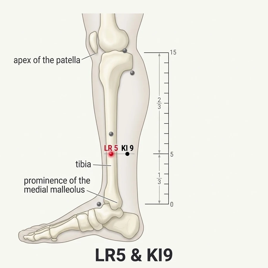 Location of Ligou (LR-5): On the medial lower leg.