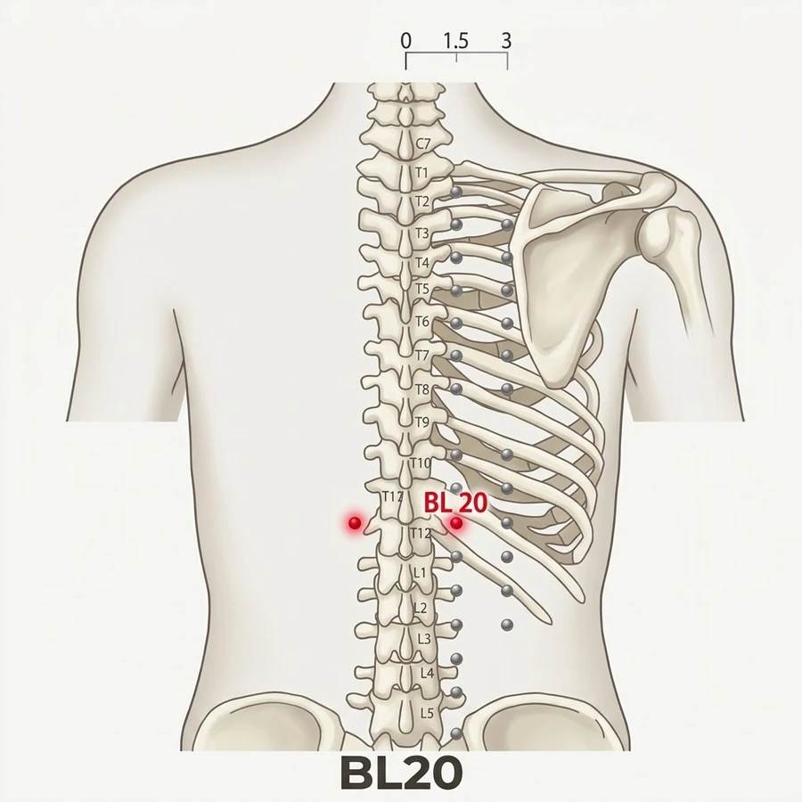 Location of Pishu (BL-20): One and a half cun measured from the landmark shown in the diagram and the location text.