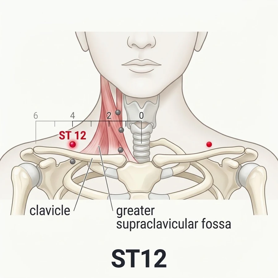 Location of Quepen (ST-12): Four cun measured from the landmark shown in the diagram and the location text.