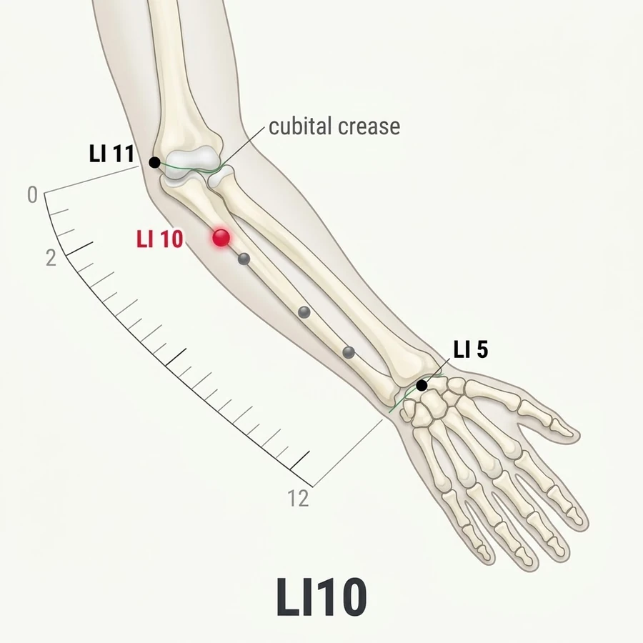 Location of Shousanli (LI-10): Two cun measured from the landmark shown in the diagram and the location text.