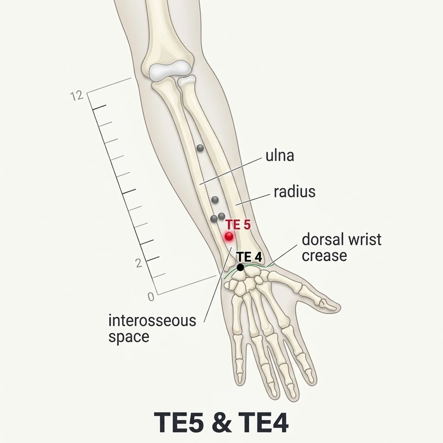 Location of Waiguan (SJ-5): Two cun proximal to Yangchi.