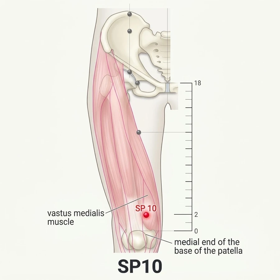 Location of Xuehai (SP-10): Two cun above the upper inner border of the kneecap.