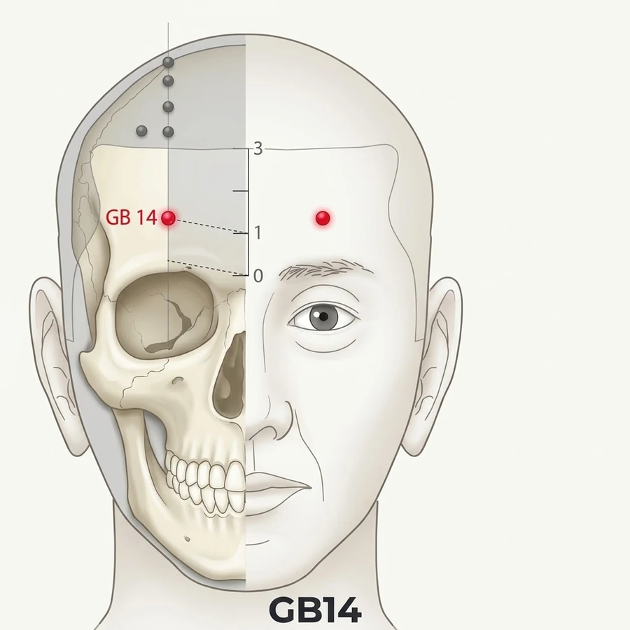 Location of Yangbai (GB-14): One cun measured from the landmark shown in the diagram and the location text.
