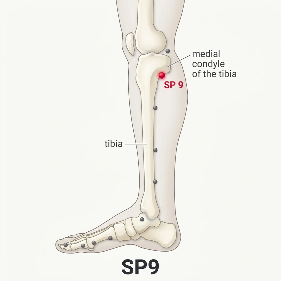 Location of Yinlingquan (SP-9): On the lower border of the medial condyle of the tibia.