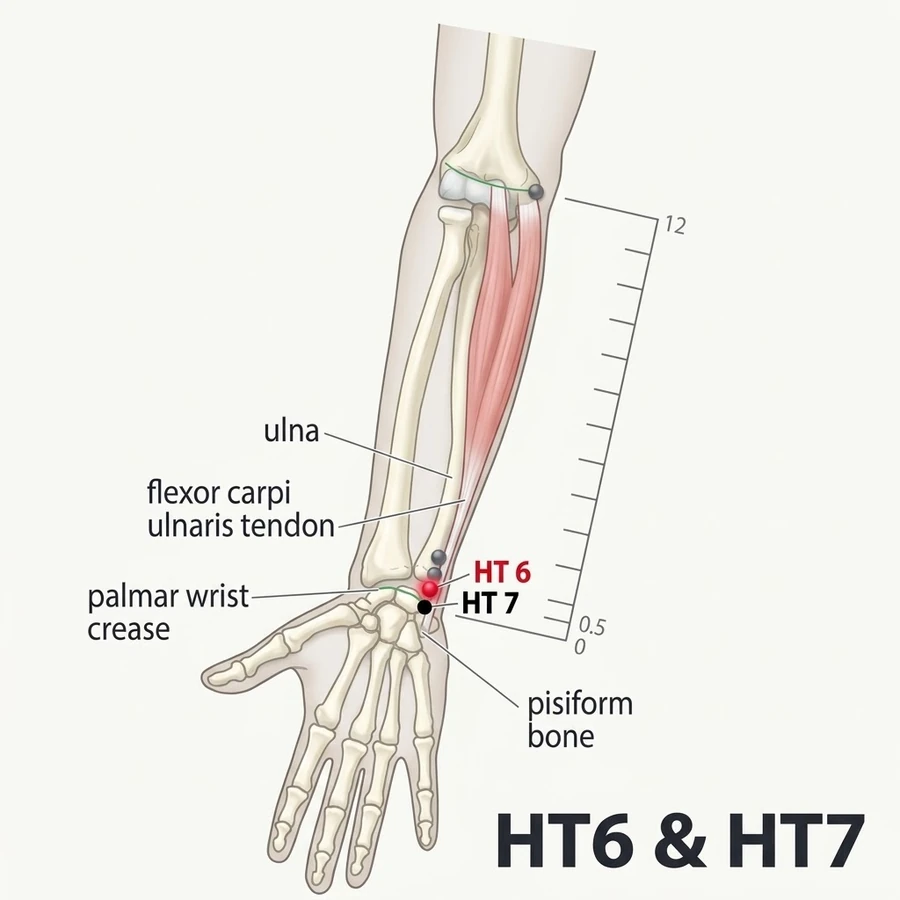 Location of Yinxi (HT-6): Half a cun measured from the landmark shown in the diagram and the location text.