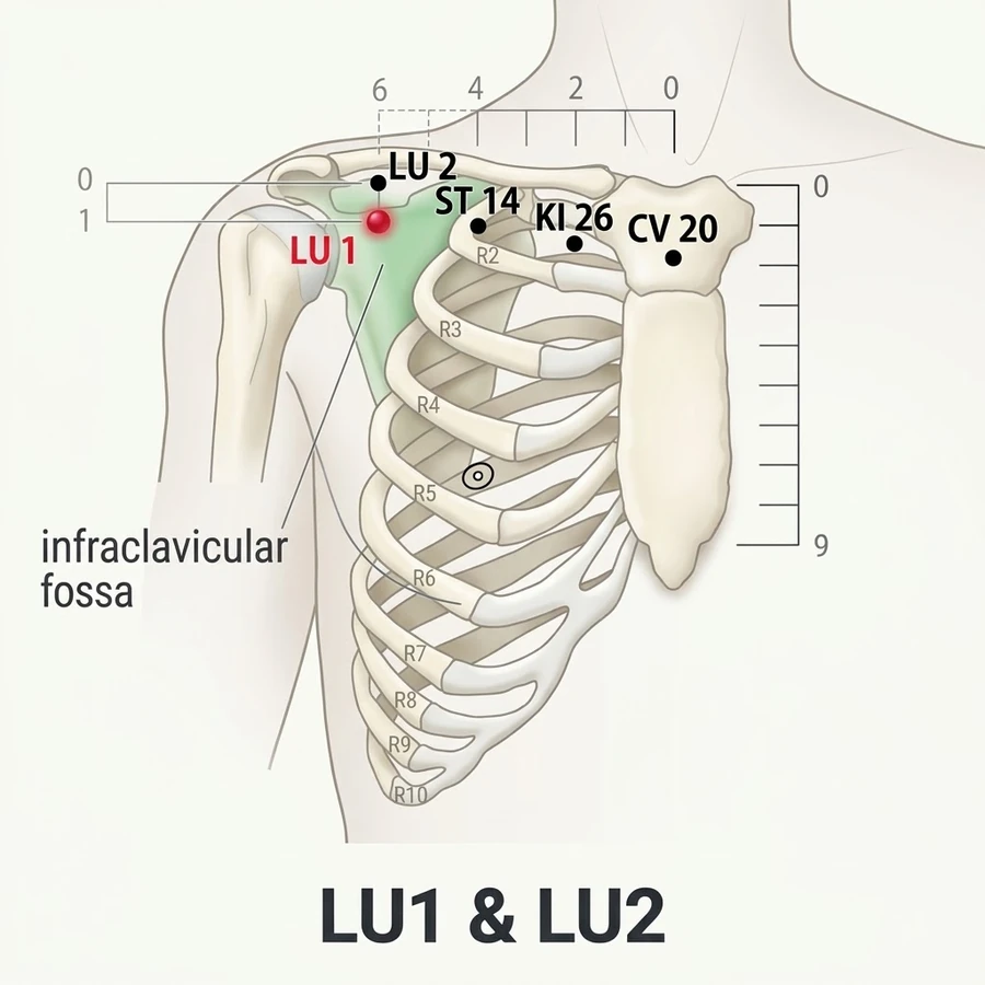 Location of Zhongfu (LU-1): Six cun measured from the landmark shown in the diagram and the location text.
