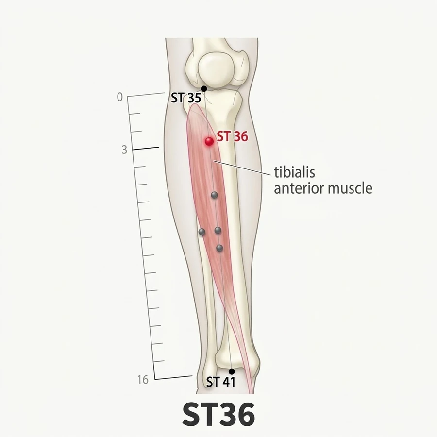 Location of Zusanli (ST-36): Three cun below the depression just below the kneecap.