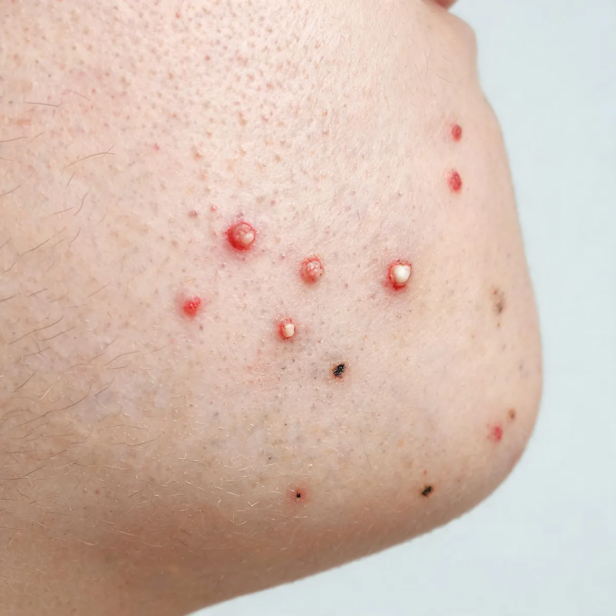 Jawline and lower cheek of an adult with acne: scattered inflamed papules and a few pustules with red bases, some open comedones, natural.