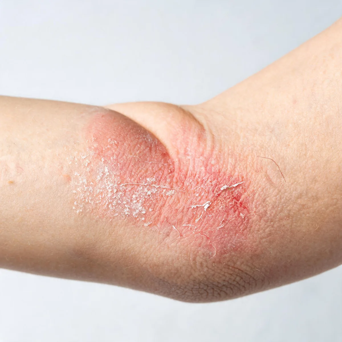 Elbow crease showing dry, red, lichenified skin with fine scaling and linear excoriation marks, flexural pattern, natural skin texture.