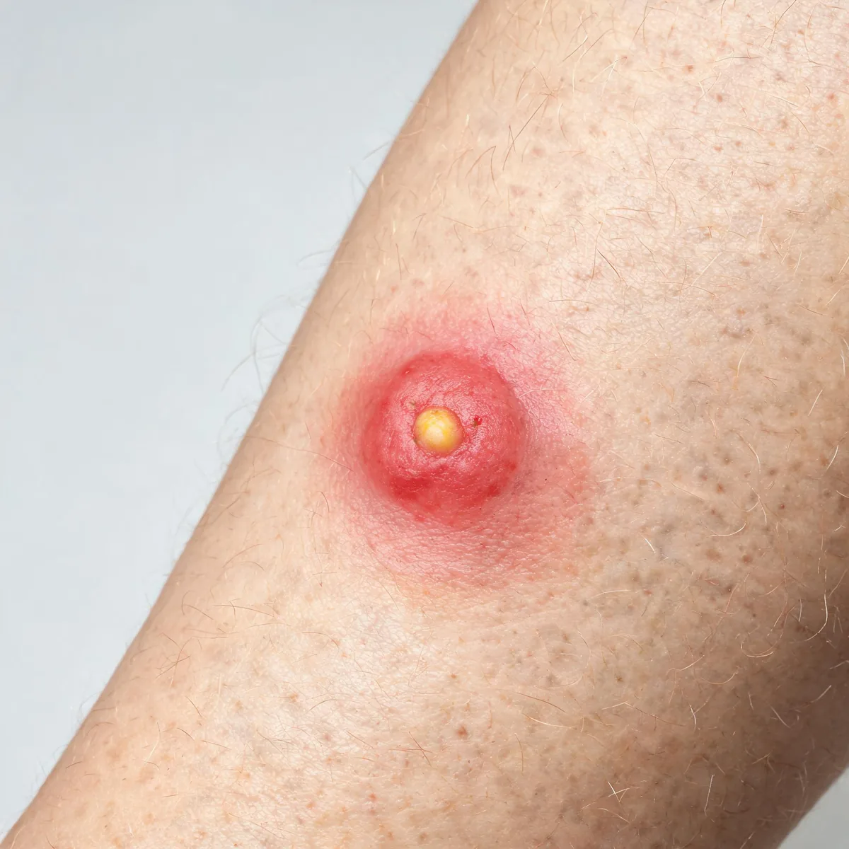 Calf showing a single furuncle: a firm red tender nodule about two centimetres across with a central yellow point and surrounding erythema.