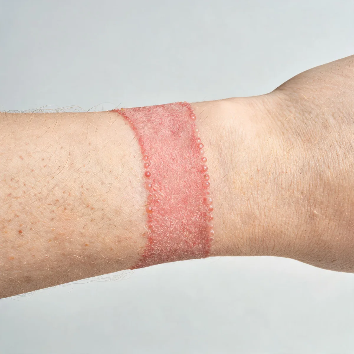 Outside of a forearm showing a sharply demarcated area of red, itchy, slightly scaly skin in a shape matching a watch strap, with tiny.