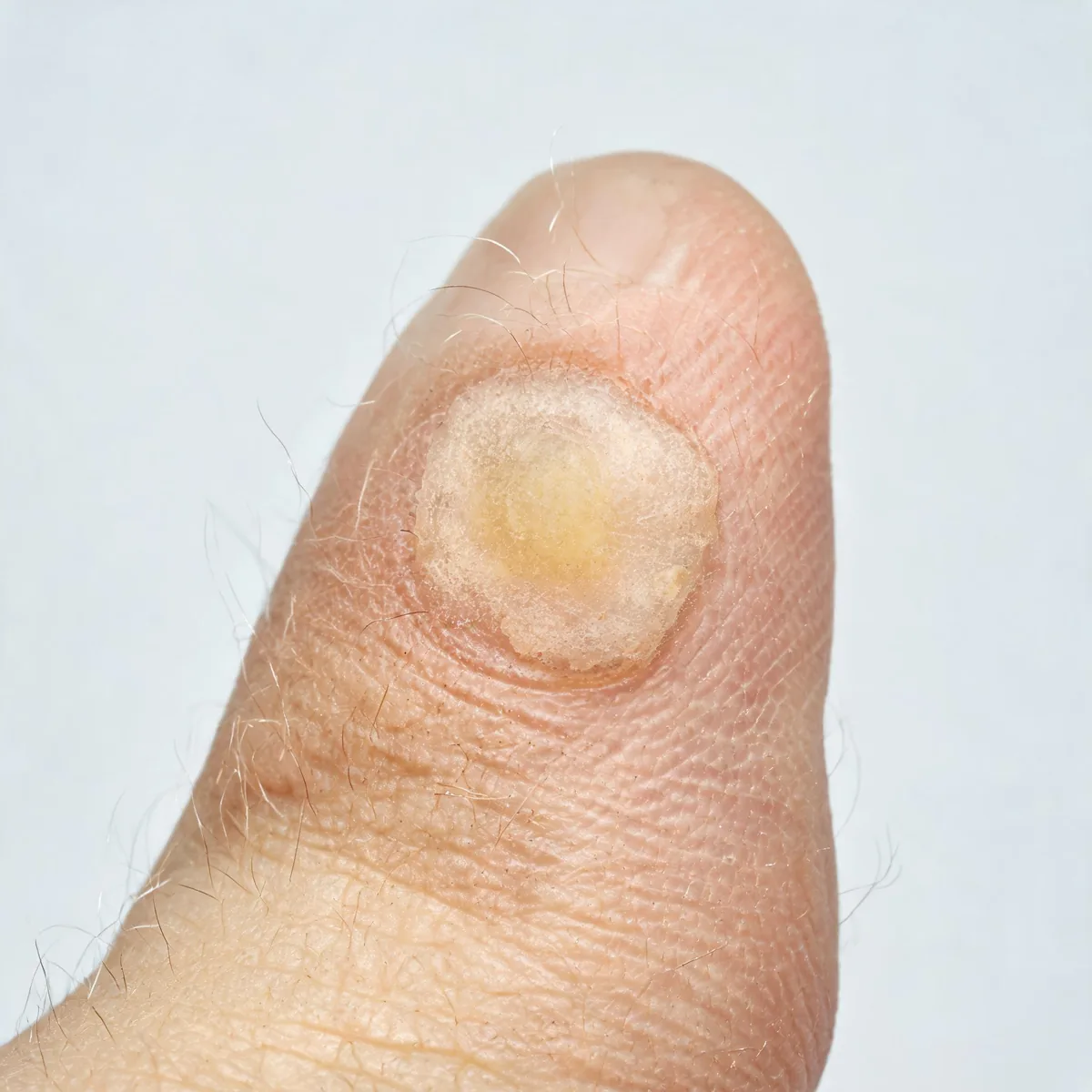 Toes showing a single hard corn: a small well-defined conical callus with a translucent central core on the top of a toe.