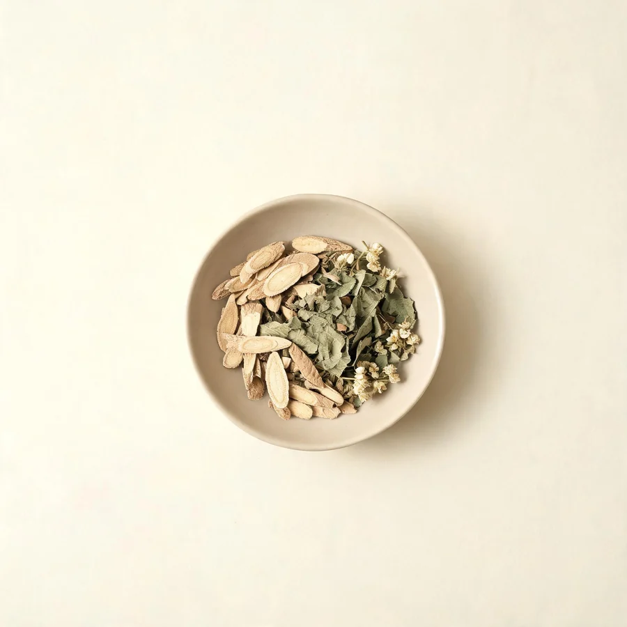 An editorial still life of the traditional Chinese herbs used for this condition, arranged on a warm off-white surface: pale cooling root.