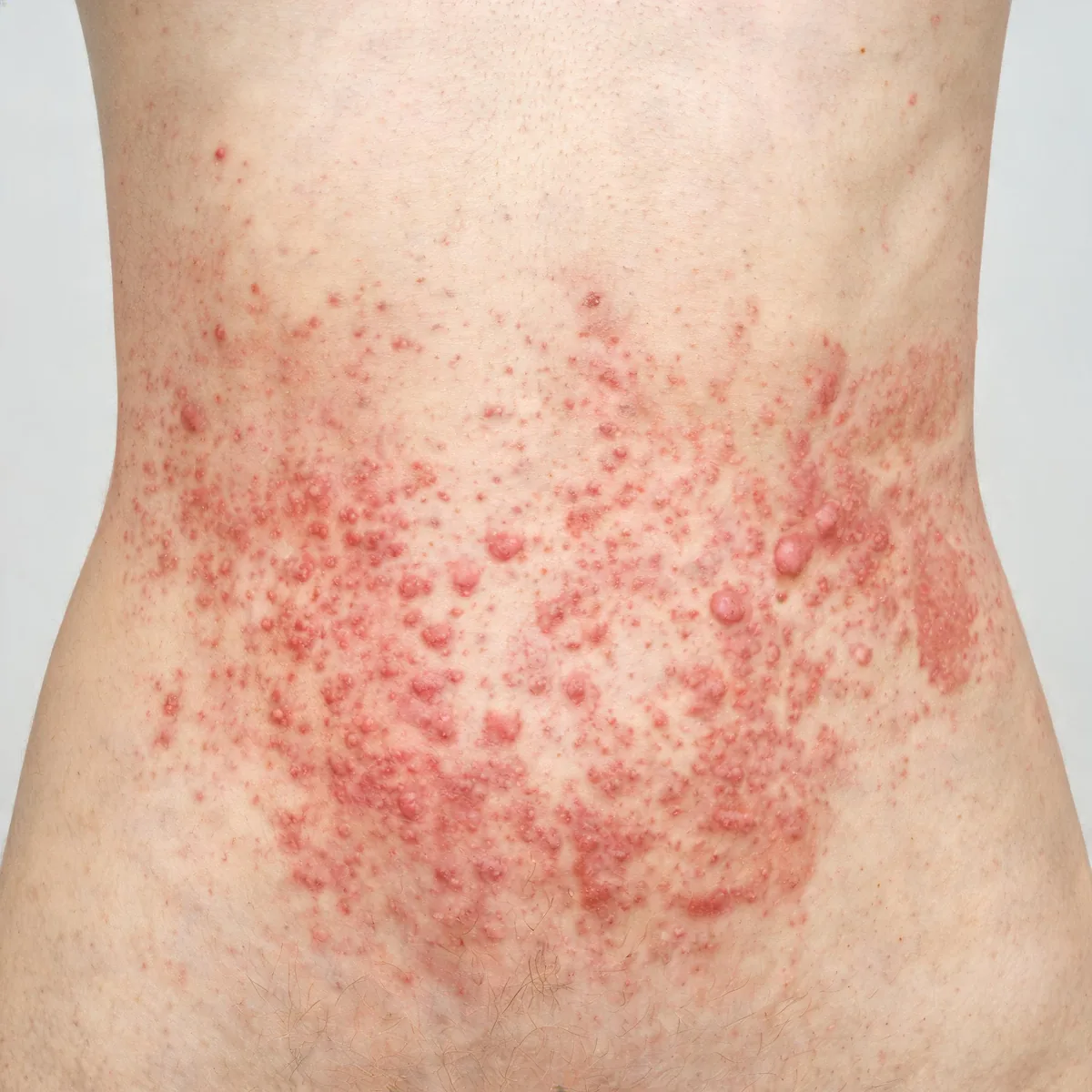 Abdomen showing a symmetrical widespread morbilliform drug eruption: small red macules and papules coalescing into patches on the trunk.