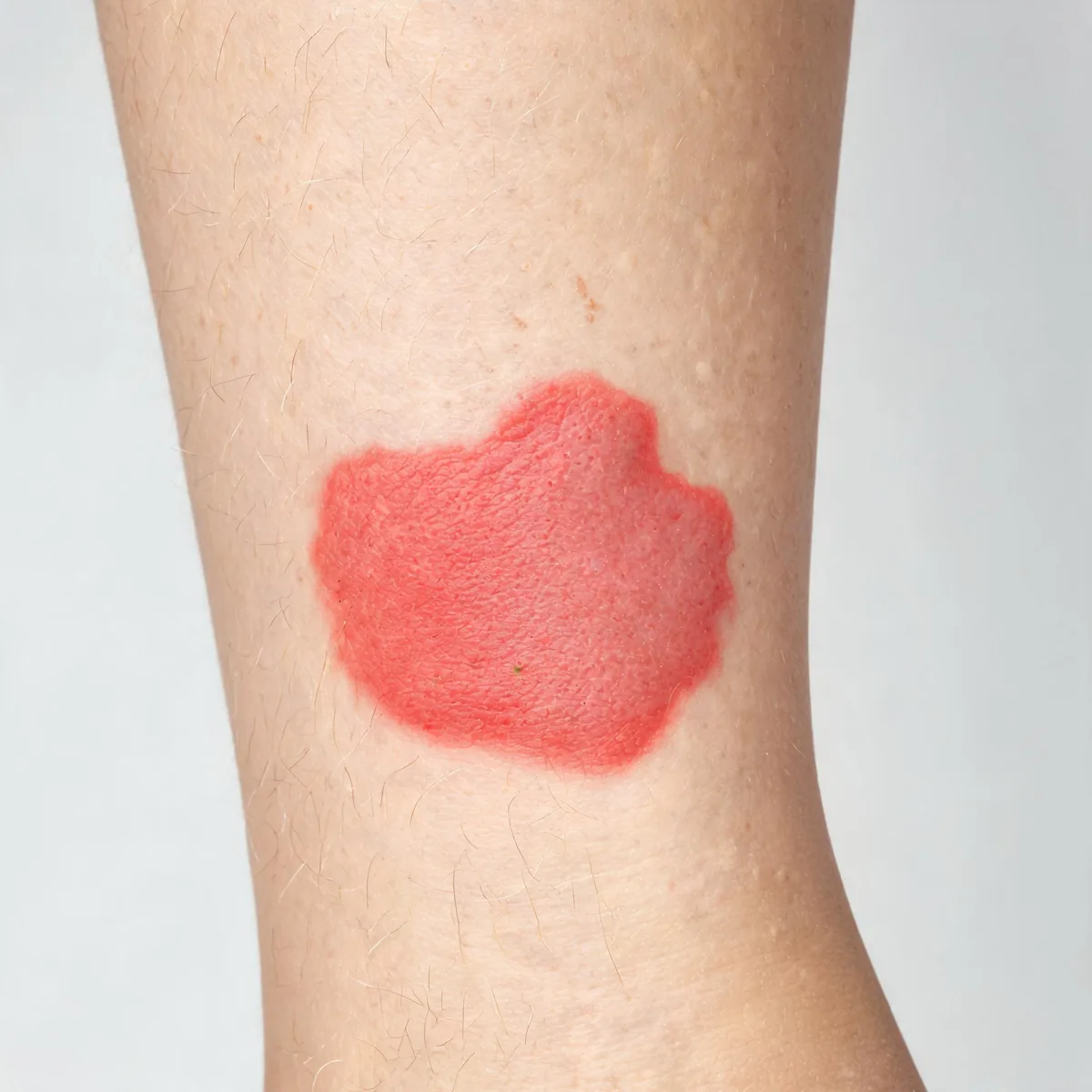 Shin showing a bright red, raised, sharply demarcated plaque with a well-defined border, hot and swollen, no blistering.