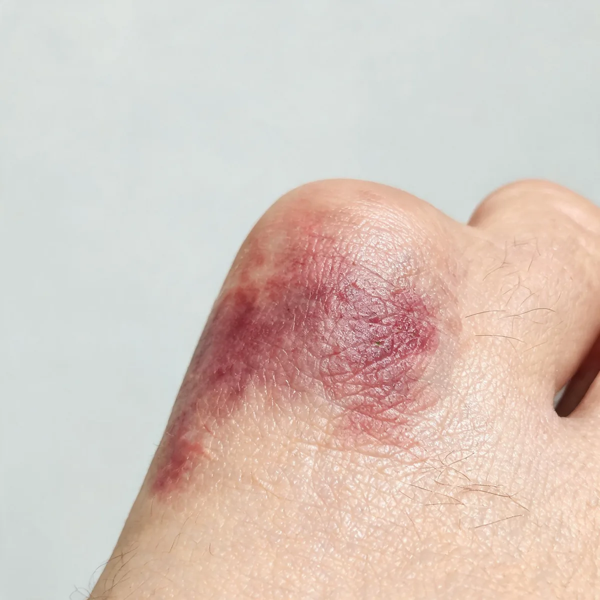 Toes and forefoot showing intense red-purple discolouration and mild swelling of the skin with a glossy surface, no injury.