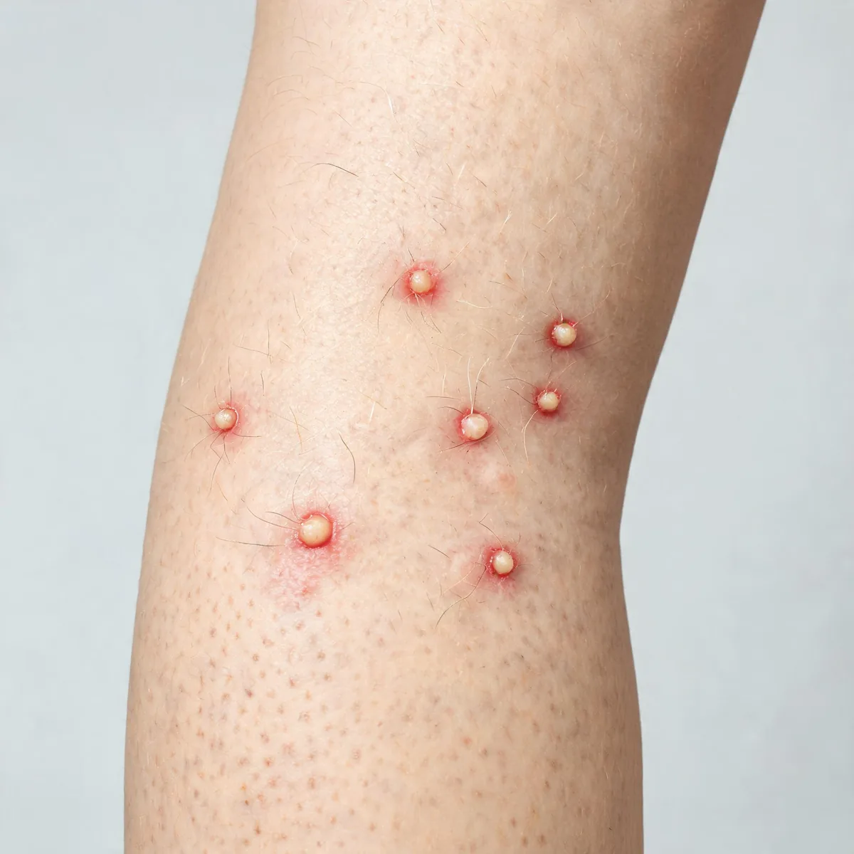Calf showing several small follicular pustules with red halos around hair follicles, scattered over the skin.