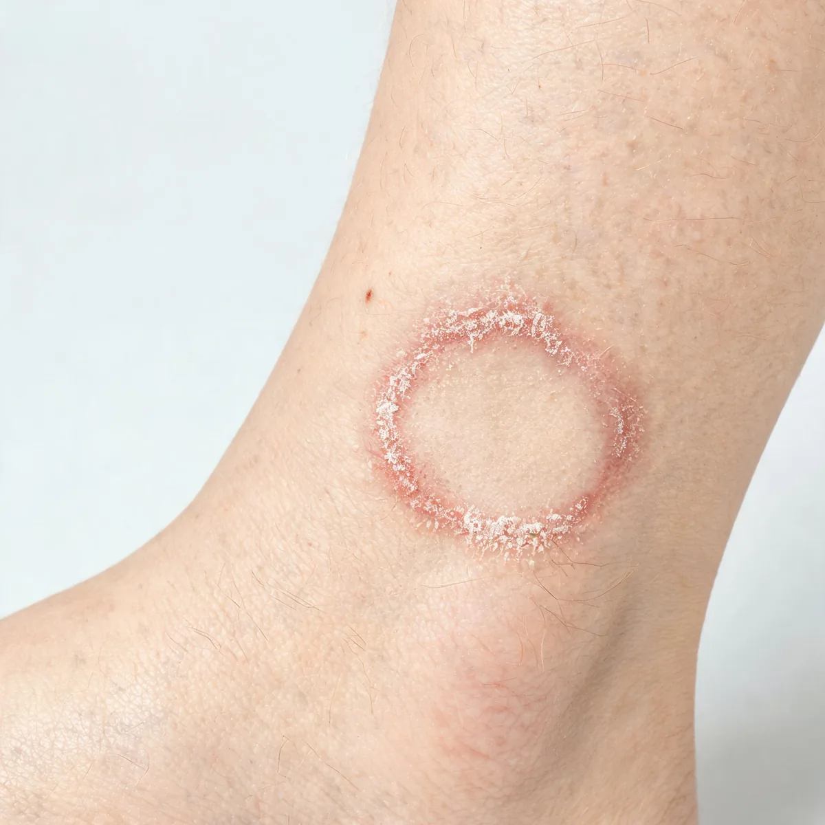 Lower leg and ankle showing an annular scaly red patch with a raised active border and central clearing.