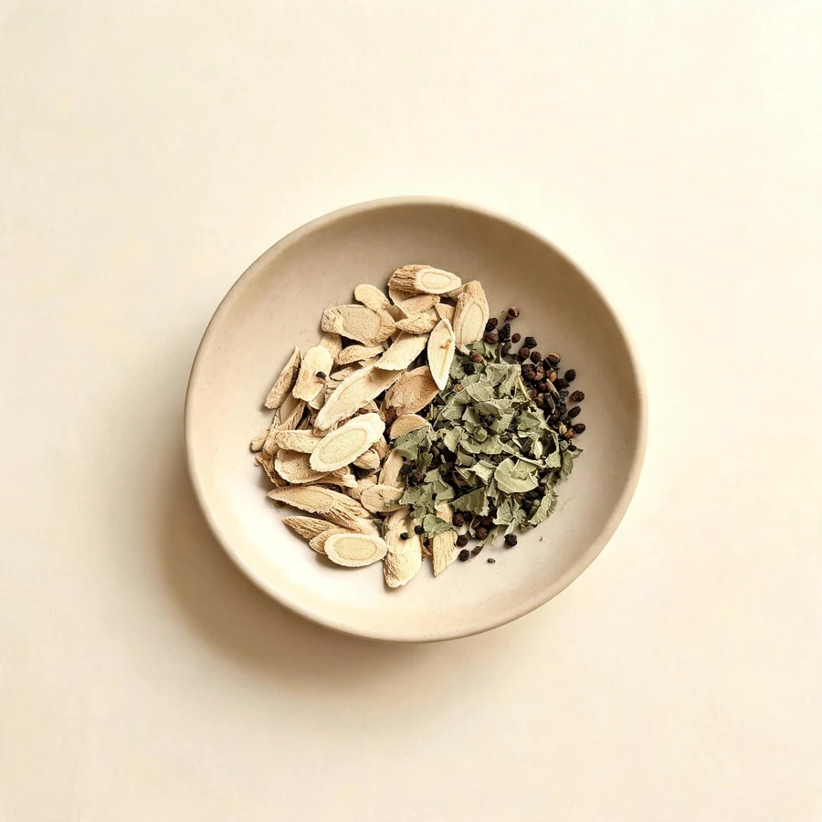 An editorial still life of the traditional Chinese herbs used for this condition, arranged on a warm off-white surface: pale root slices.