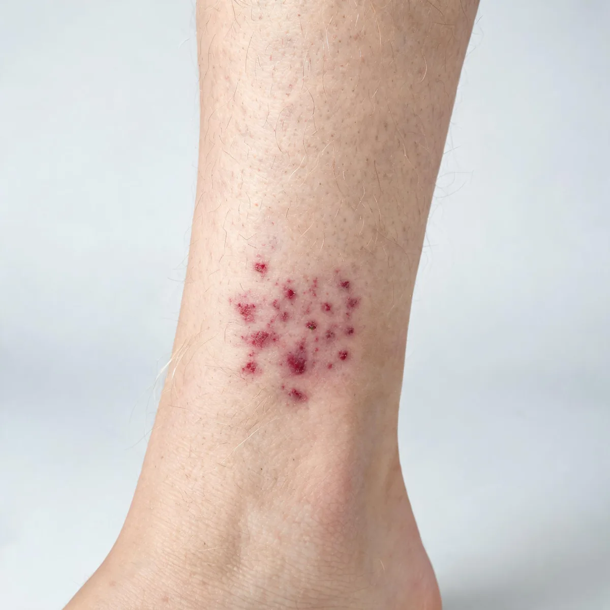 Calf showing a palpable purpuric rash: multiple small red-purple non-blanching spots and slightly raised lesions grouped on the lower leg.