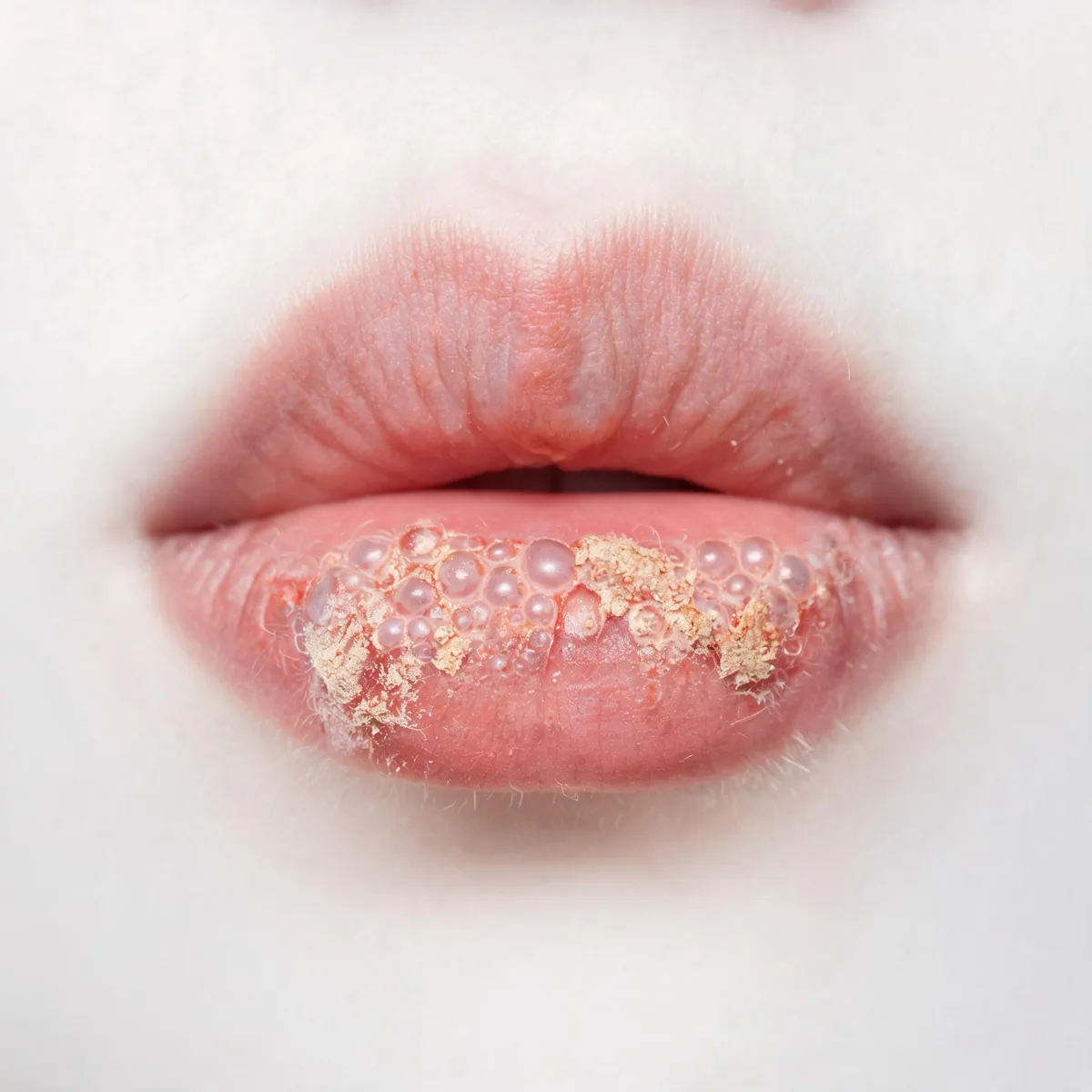 Upper and lower lip showing a cluster of small grouped vesicles with crusting at the vermilion border, lips only, no face.
