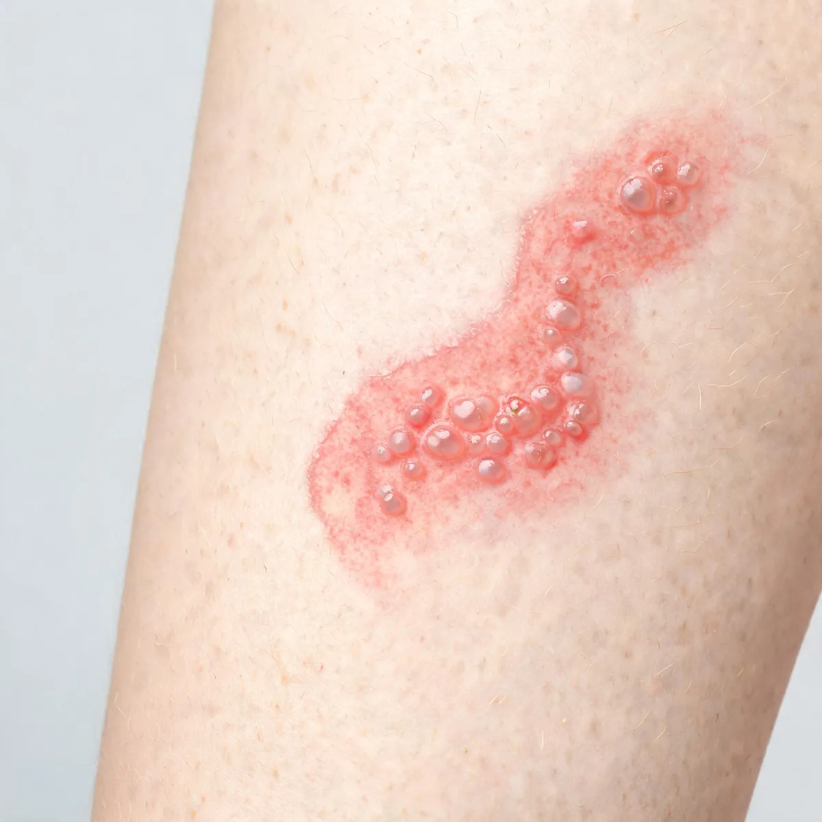 Flank showing a dermatomal band of grouped vesicles on an erythematous base following a nerve distribution, one side only.