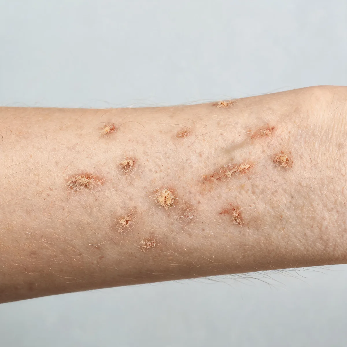 Inner forearm showing dry skin with scattered excoriations and small crusted scratch marks from chronic itching, no infection.