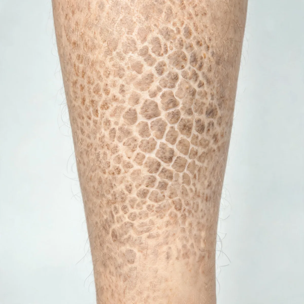 Calf showing fish-scale polygonal brown-grey scales with raised edges on the skin of the lower leg, ichthyosis pattern.