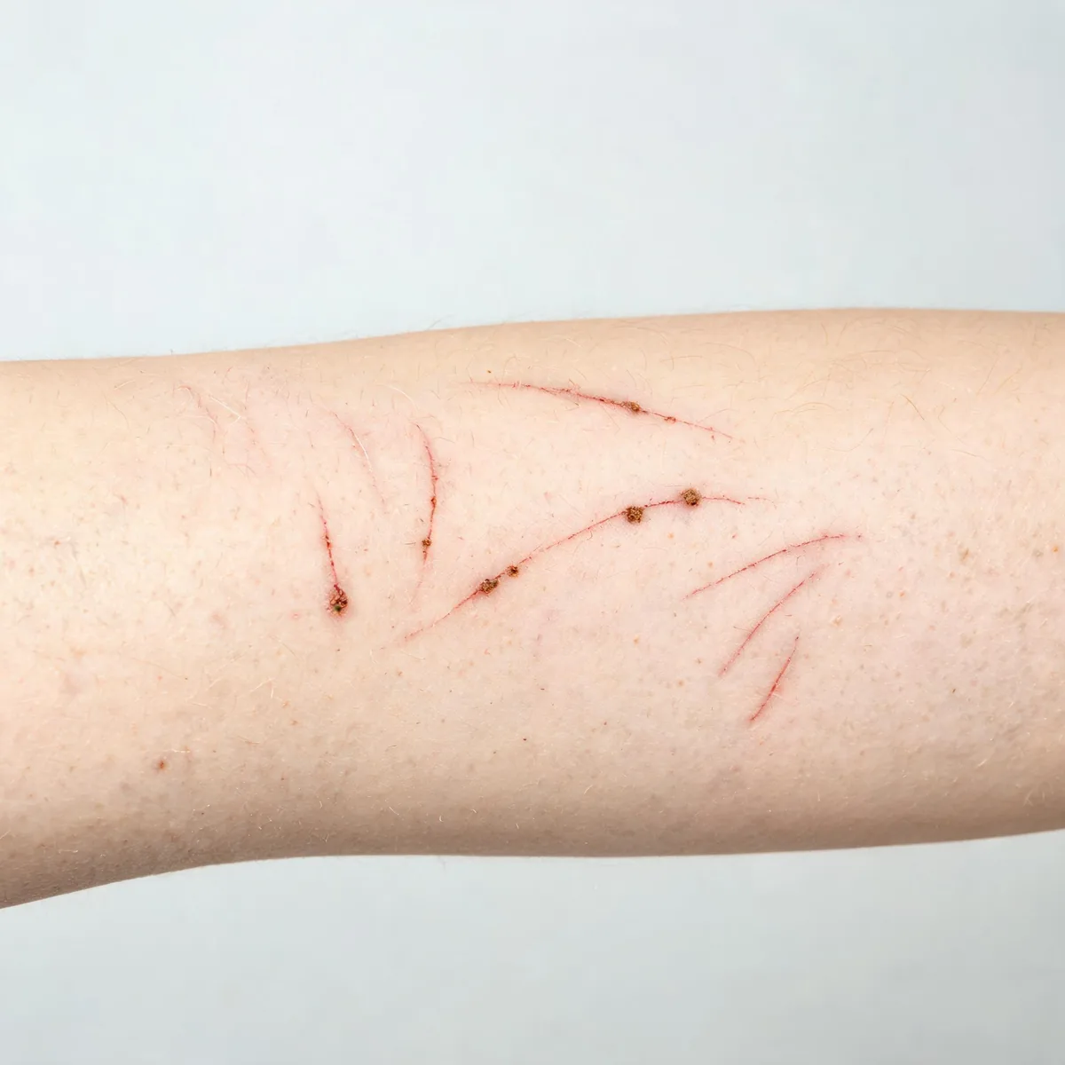 Upper arm showing dry skin with multiple linear excoriations and small scabs from scratching, no primary rash.