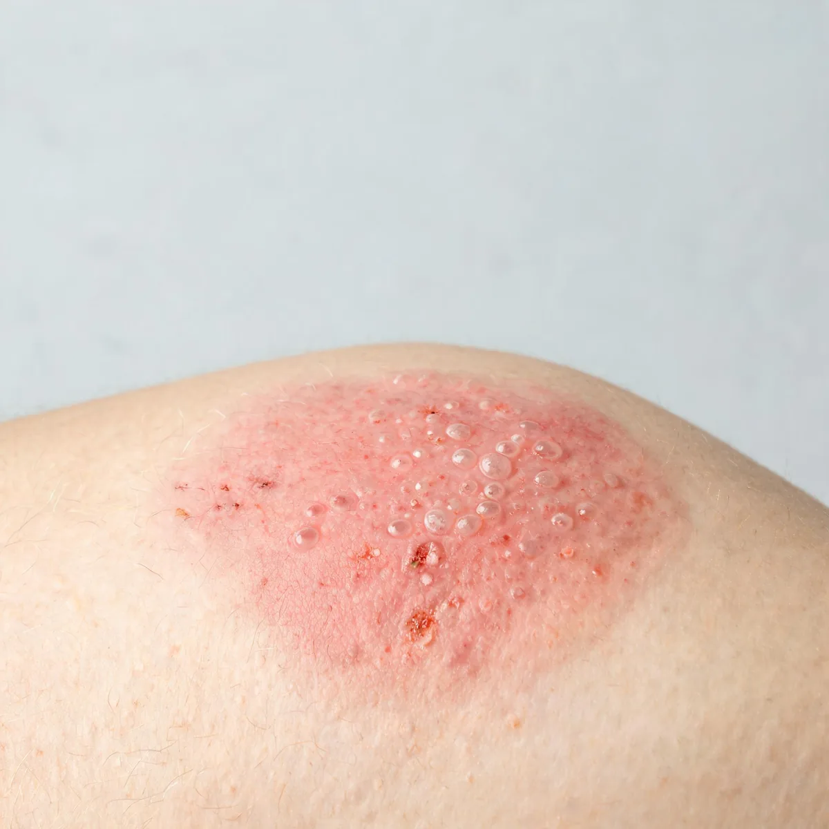 Back of the shoulder showing a crop of small tense vesicles on a red base with some excoriation, eczematous pattern.