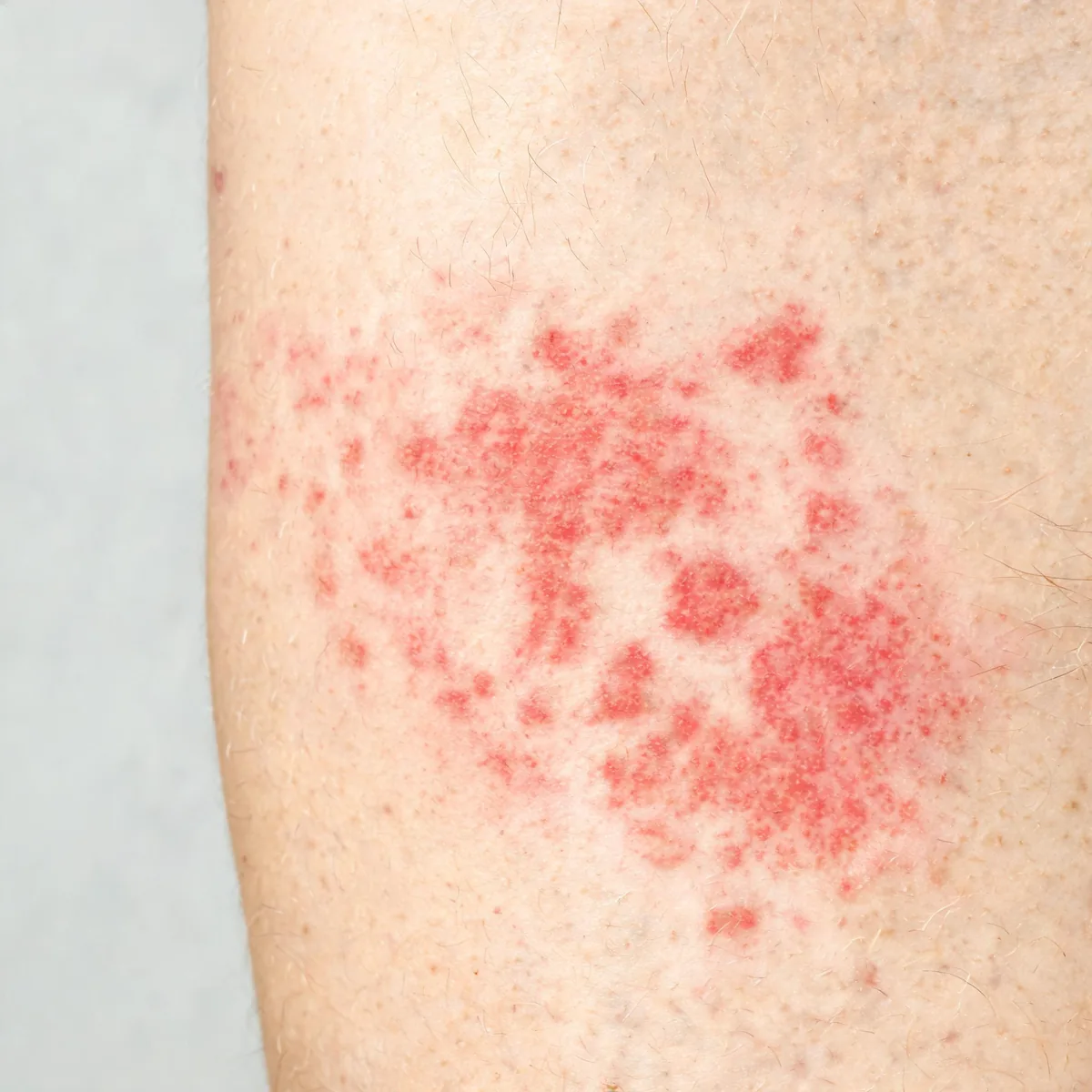 Abdomen showing a flat red macular rash with small coalescing spots, blanching on pressure, on the trunk.