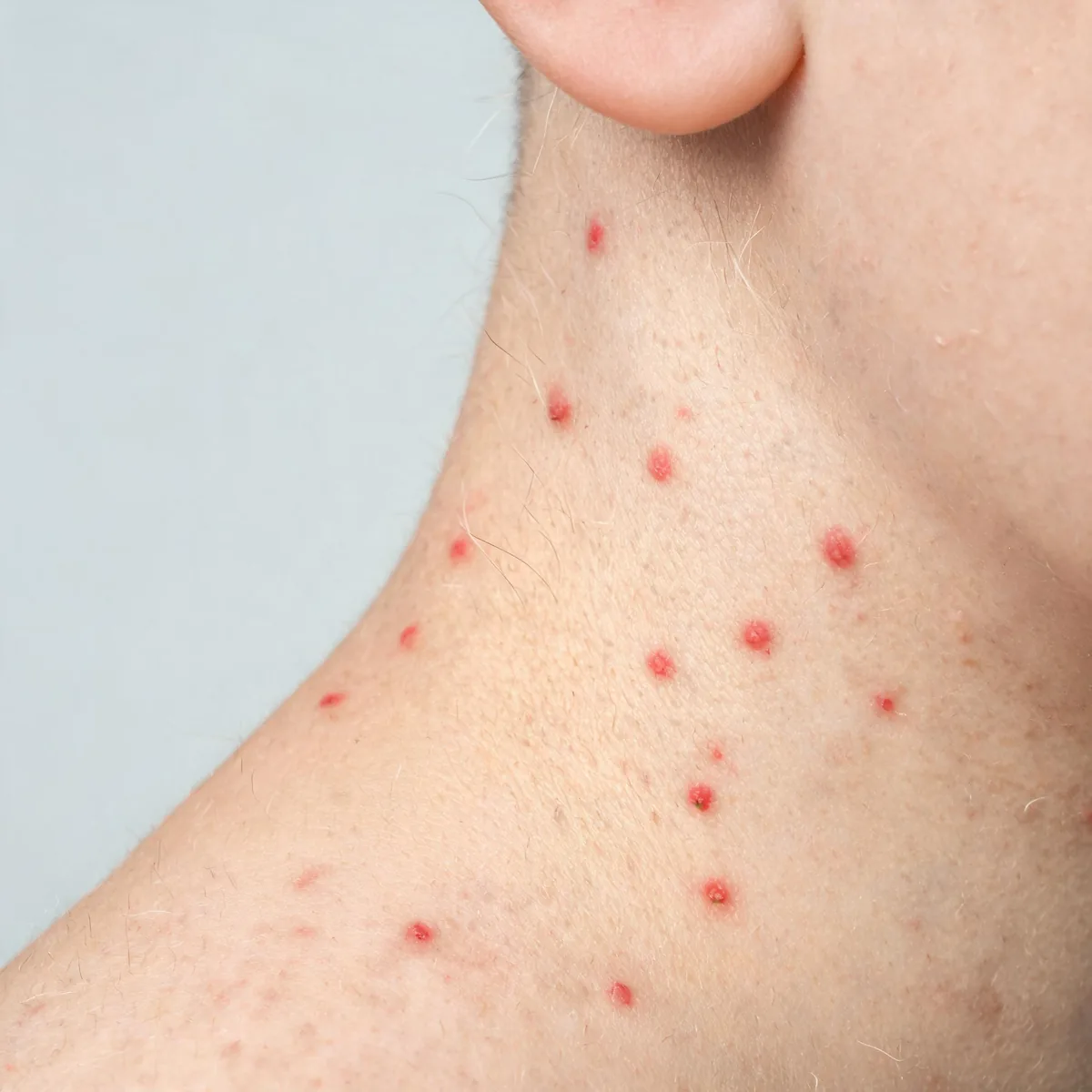 Side of the neck below the jawline showing numerous small raised red papules on otherwise normal skin, no pustules.