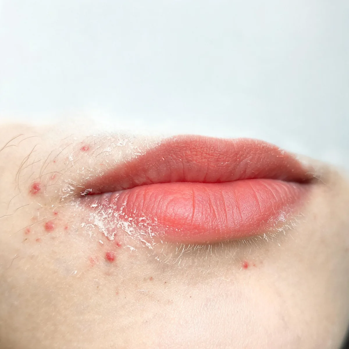 Area around the mouth showing small red papules and fine scaling with a clear zone at the lip border, lips only, no nose and no eyes.