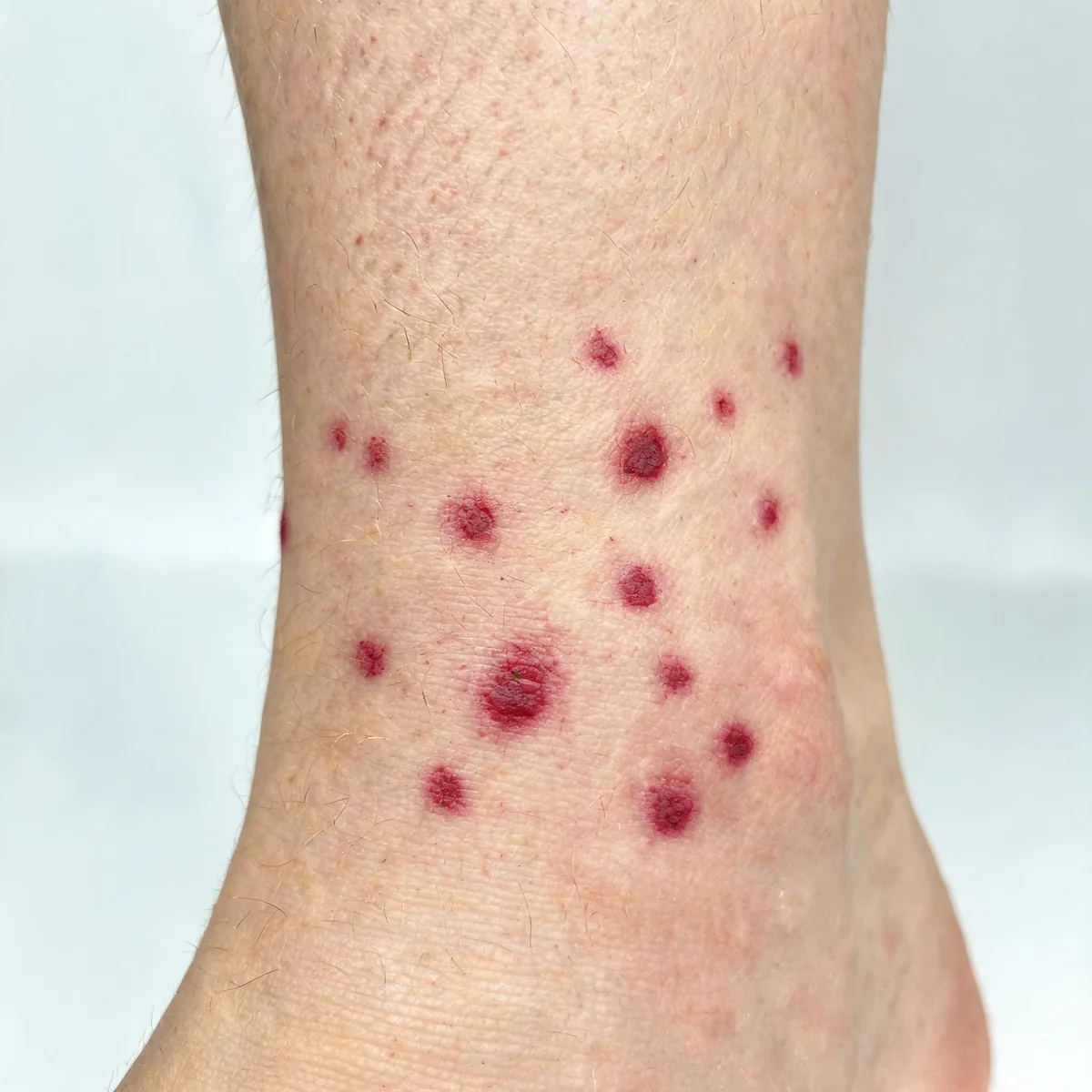 Calf showing multiple palpable purpuric lesions, red-purple and slightly raised, on the lower legs and ankles.