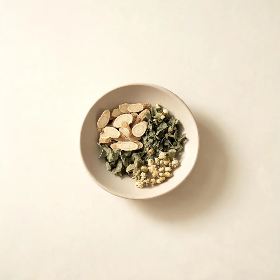 An editorial still life of the traditional Chinese herbs used for this condition, arranged on a warm off-white surface: pale root slices.