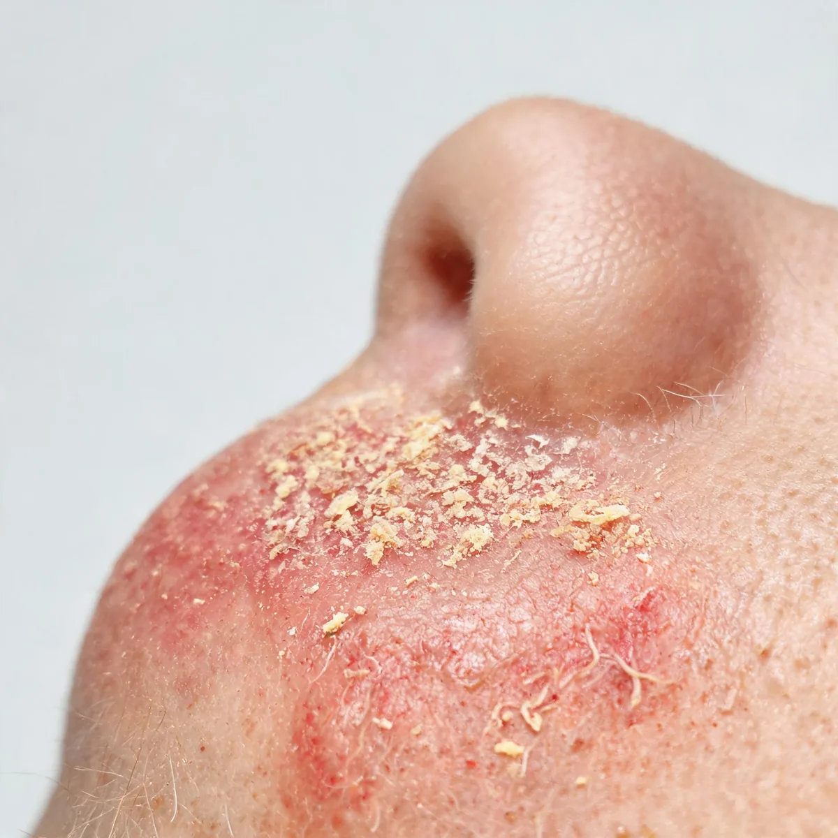Nasolabial fold and side of the nose showing greasy yellow scales and mild erythema, no eyes in frame.