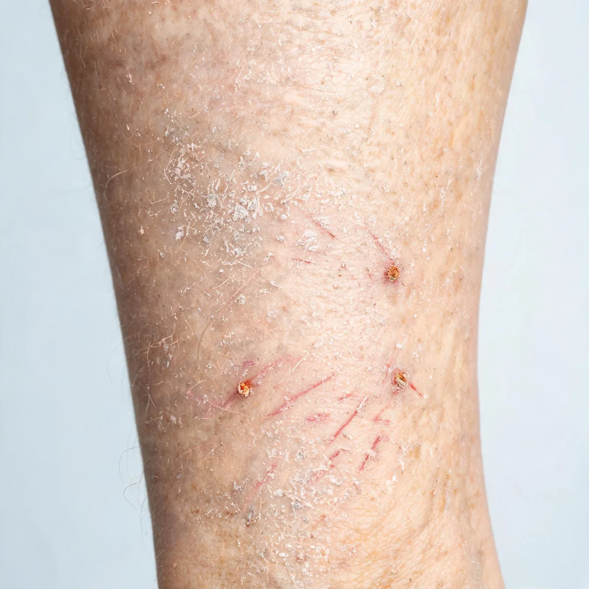 Shin of an older adult showing dry, finely scaled skin with scratch marks and small crusted excoriations.
