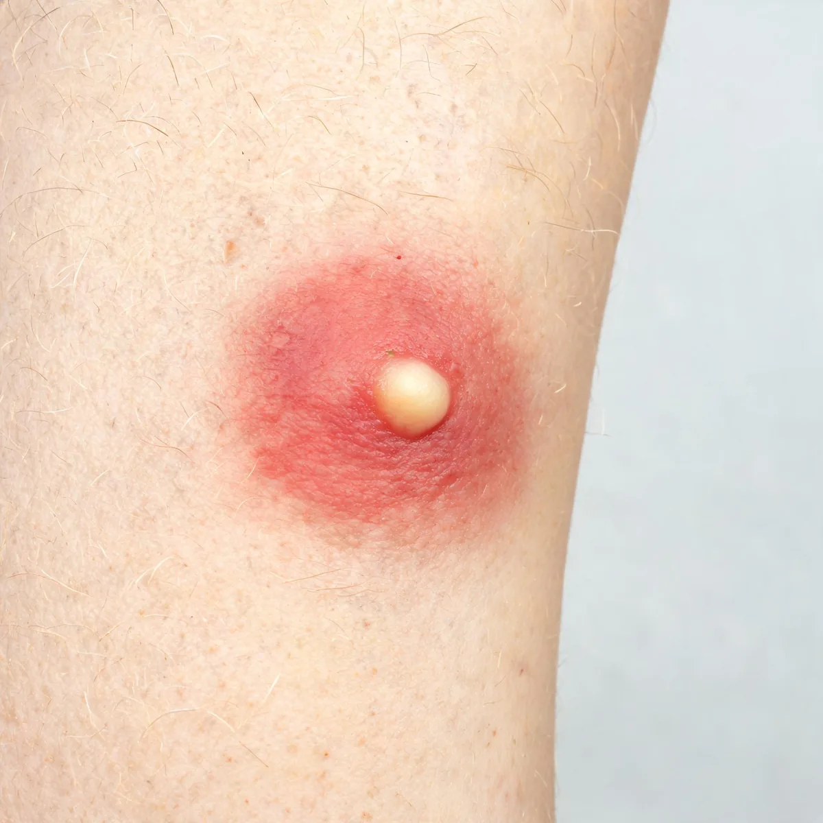 Calf showing a raised, red, tense abscess with a central white-yellow pointing area, surrounding erythema, no drainage.