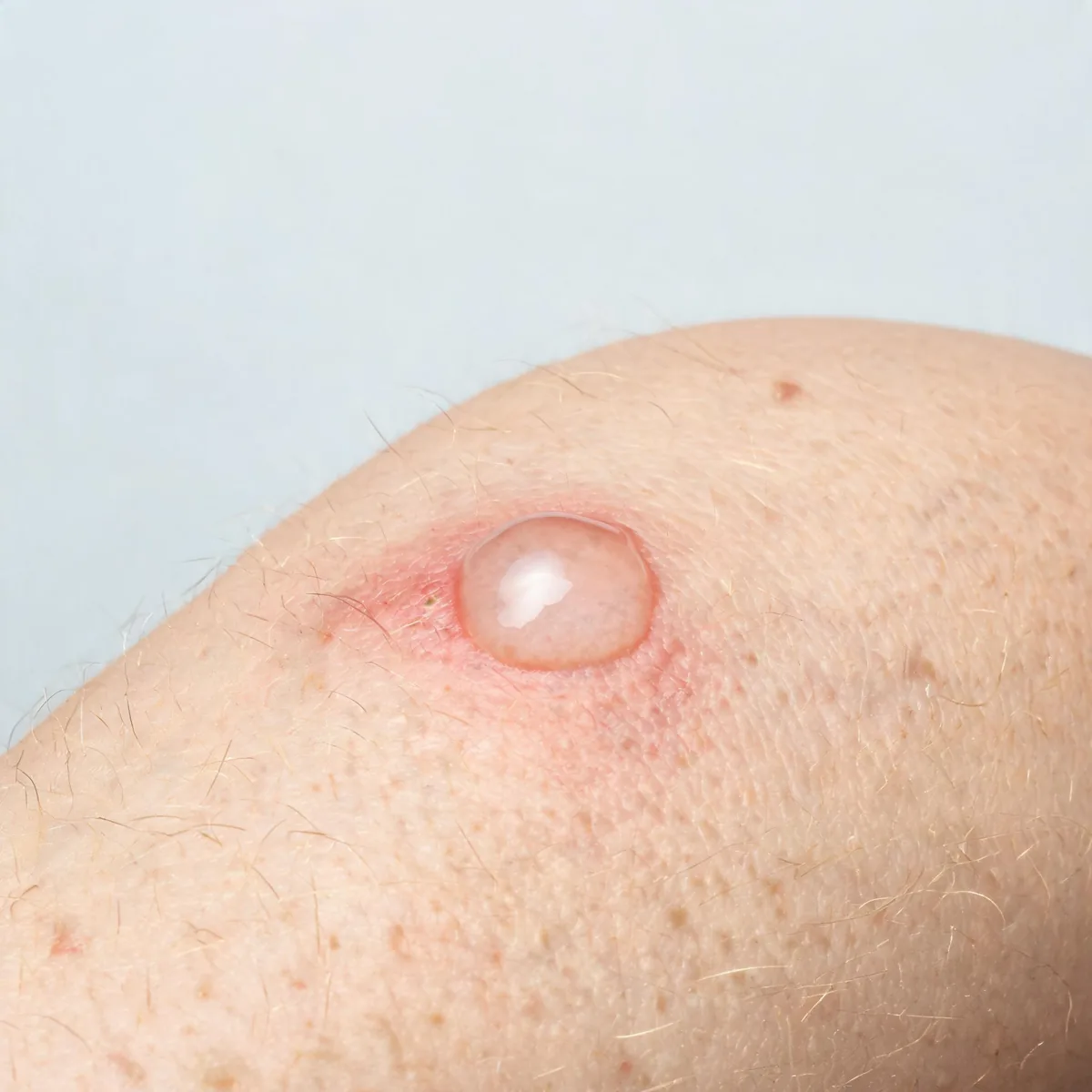 Upper arm showing a single tense clear-fluid blister with an intact roof on slightly red skin.