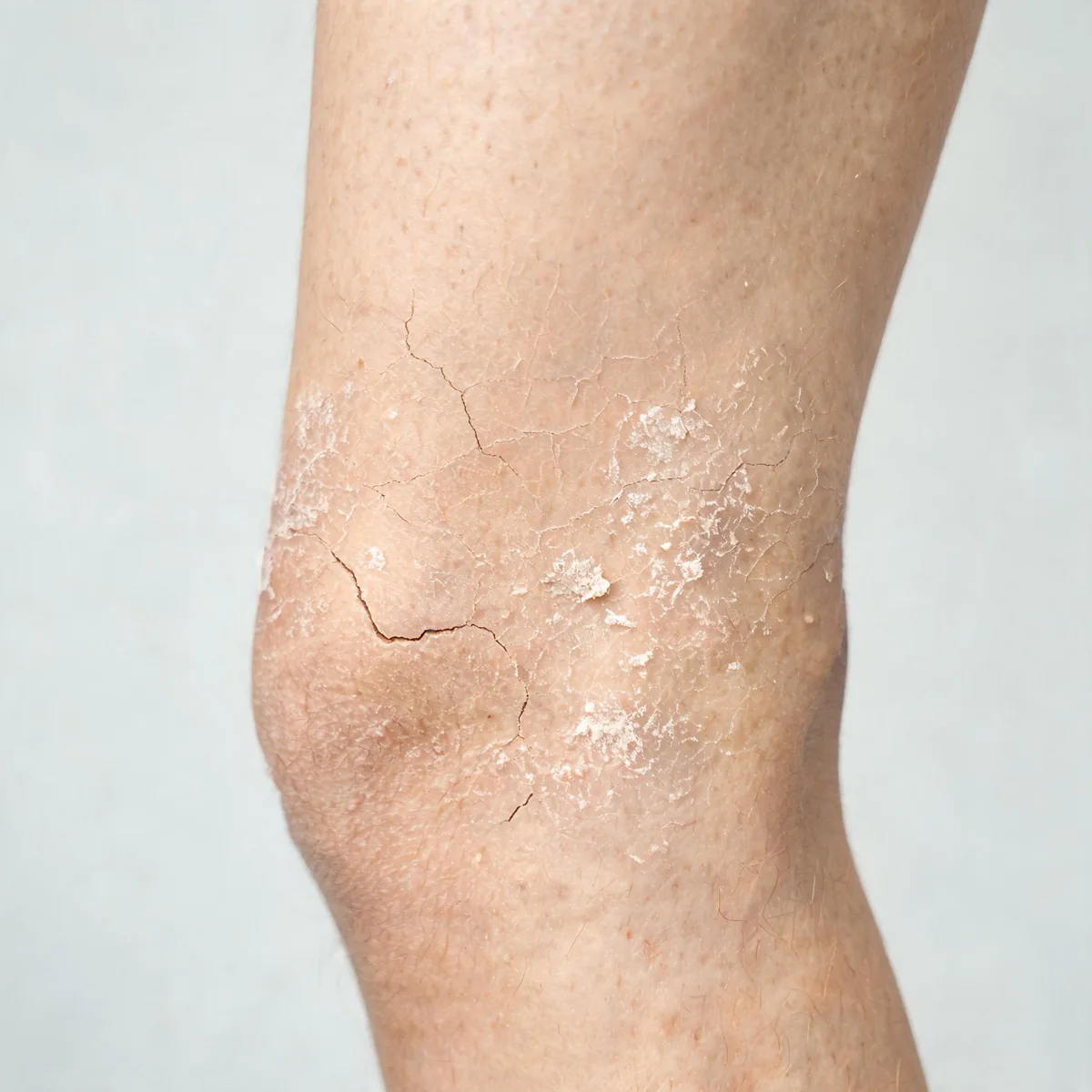 Calf showing dry, rough, finely cracked skin with a dull surface and mild scaling on the lower leg.