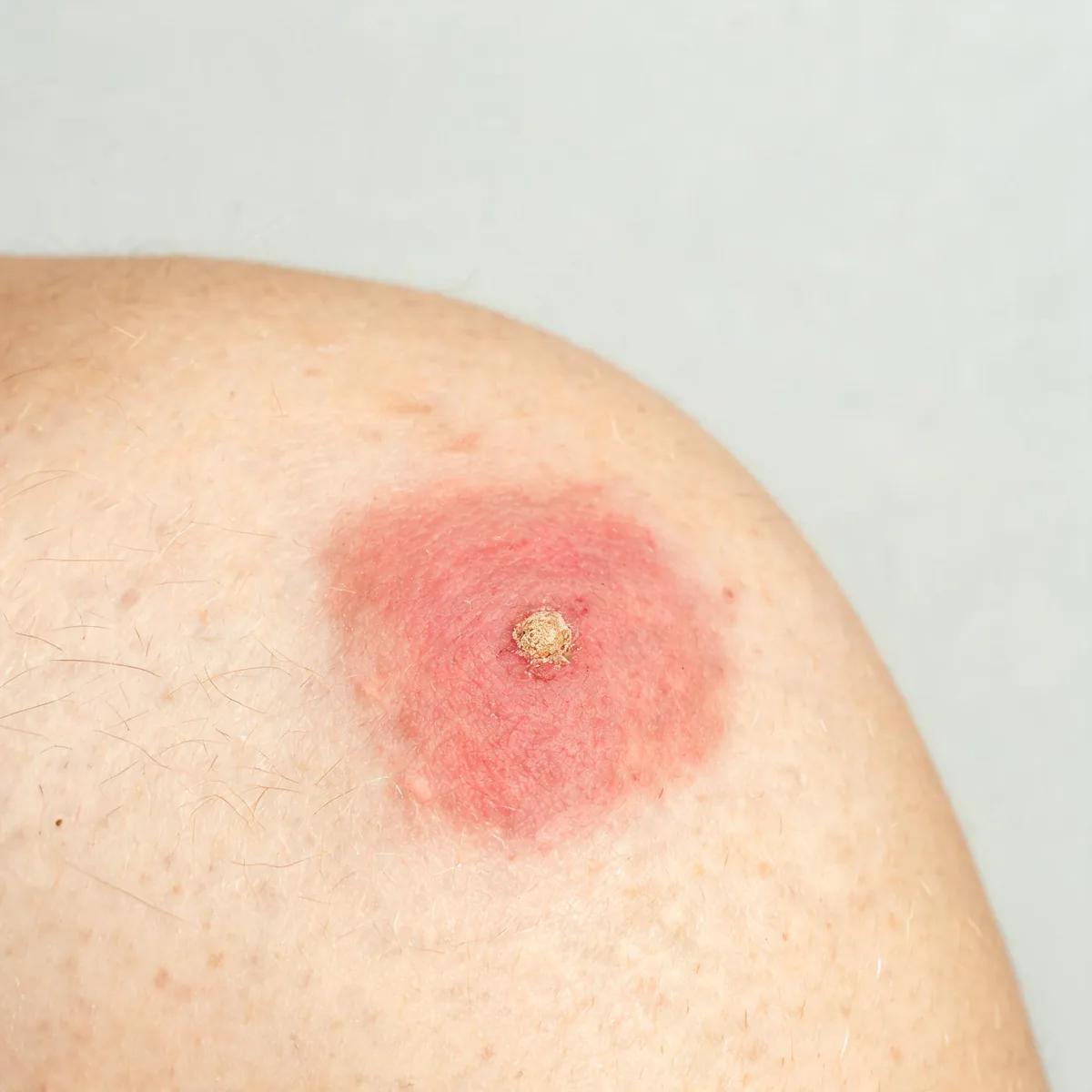 Back of the shoulder showing a red, swollen, tender area of skin with an indistinct border and a small crusted centre, no gore.