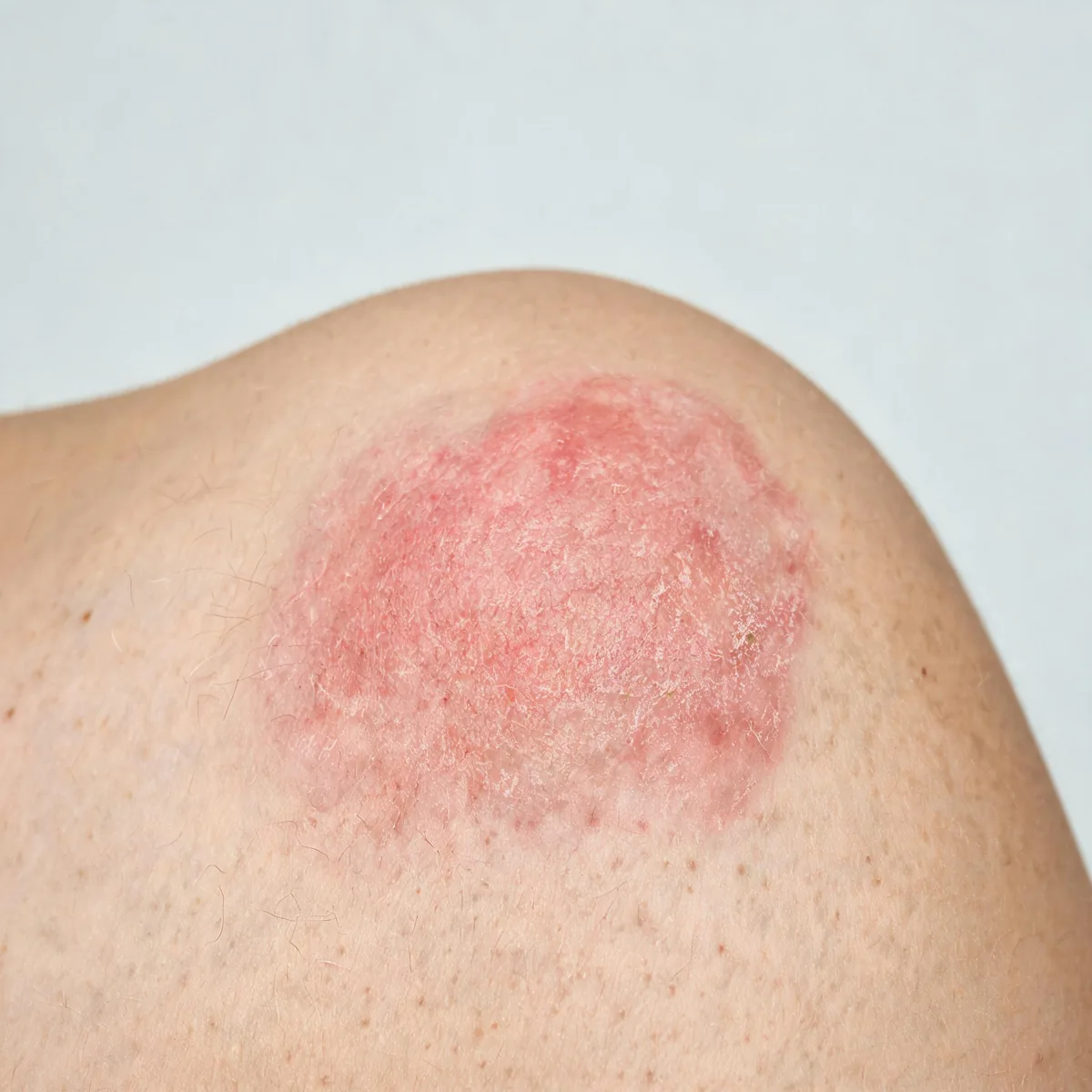 Shoulder showing an inflamed red, slightly scaly and excoriated patch of skin with no distinct lesion, on the shoulder.