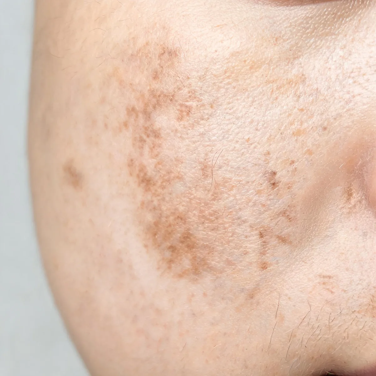 Cheek only, cropped below the eye line, showing patchy brown pigmentation with irregular borders, no eyes in frame.