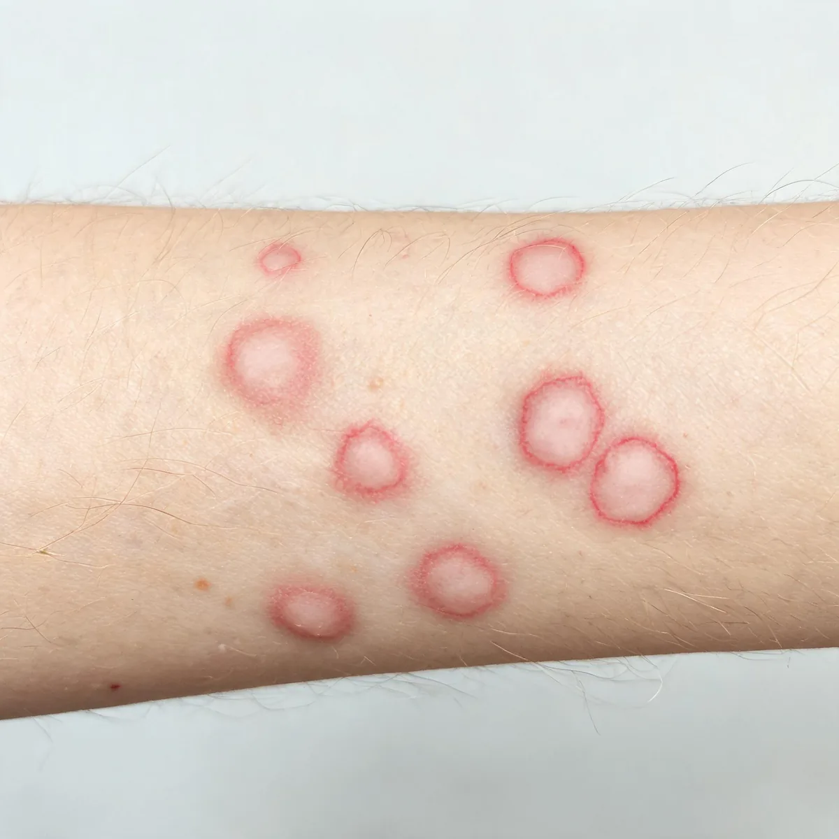Outside of a forearm showing raised pale pink wheals with red margins and smooth oedematous surfaces, several sizes, on the forearm.